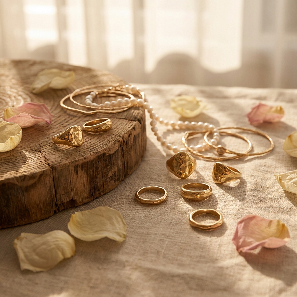 Bijoux artisanaux sur textures naturelles